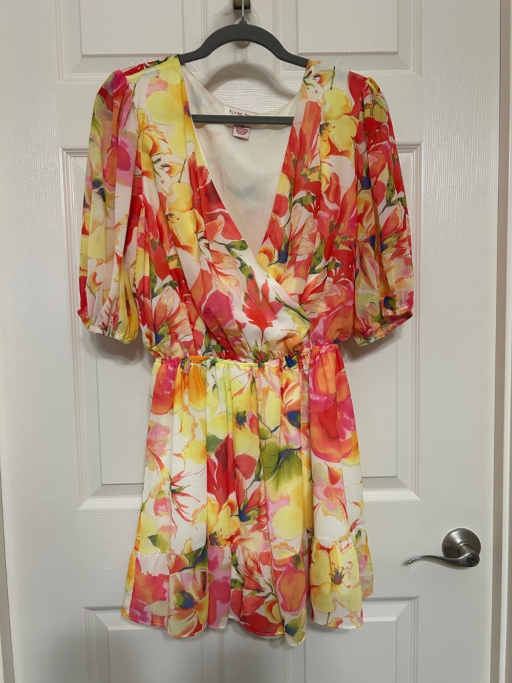 Flying Tomato Floral Wrap Romper Dress in Pink Coral Yellow Ruffle Hem L